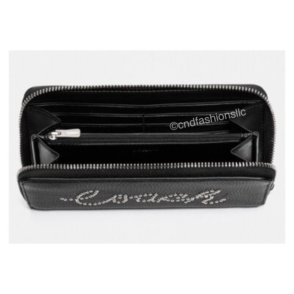 COACH BLACK LEATHER Accordion Zip Wallet w/Studded Coach Script + TISSUE PAPER - Picture 4 of 16